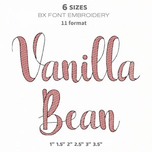 Puede incluir: Diseño de bordado digital con las palabras "Vanilla Bean" en escritura cursiva, en color rosa rojizo con textura cosida. El diseño incluye opciones de tamaño de 2.5 cm a 8.9 cm y el texto "6 SIZES, BX FONT EMBROIDERY, 11 format".