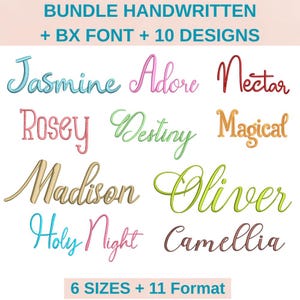 May include: A digital design bundle featuring handwritten fonts. The image displays the words "Jasmine", "Adore", "Nectar", "Rosey", "Destiny", "Magical", "Madison", "Oliver", "Holy Night", and "Camellia" in various colors. Text at the top reads "BUNDLE HANDWRITTEN + BX FONT + 10 DESIGNS".