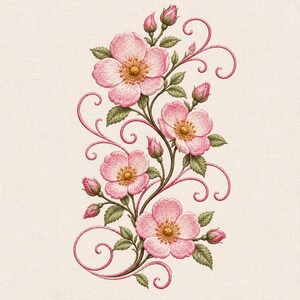 Diseño de bordado a máquina de rosa silvestre rosada con delicadas flores botánicas y enredaderas ornamentales.