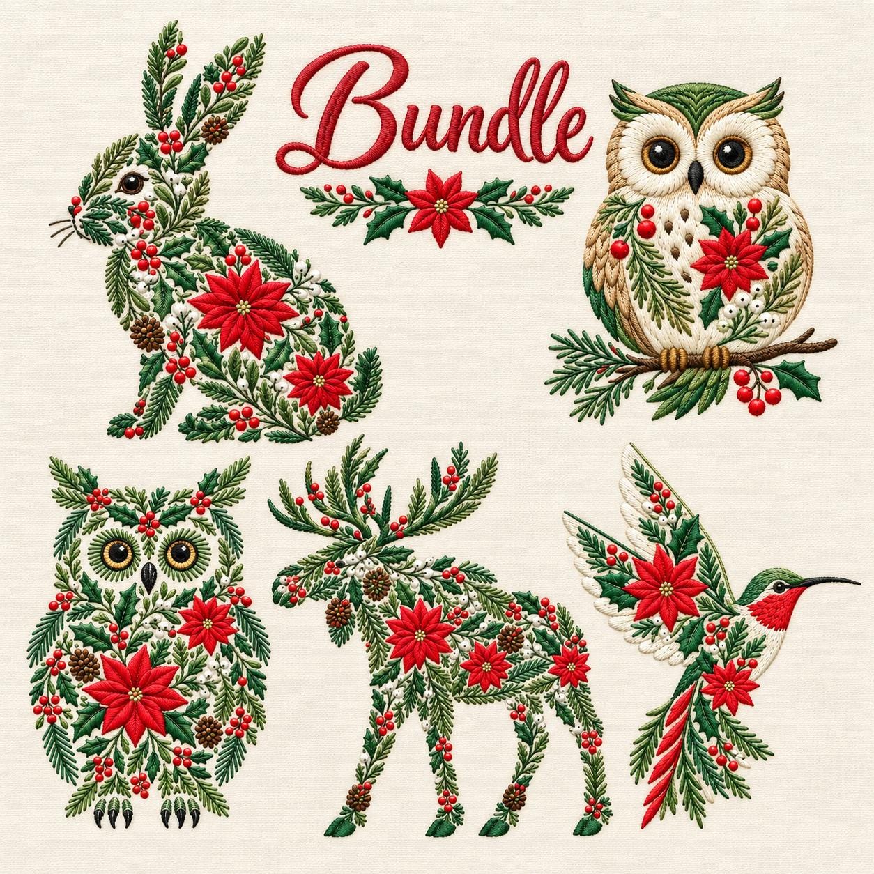 Christmas Woodland Embroidery Bundle Rabbit Owl Deer Hummingbird Floral Designs