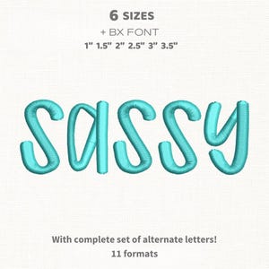 May include: Turquoise embroidered word "SASSY" in a cursive font. The image includes text indicating 6 sizes, from 1" to 3.5", and the availability of a BX font. Additional text states "With complete set of alternate letters!" and "11 formats."