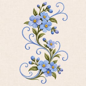 Forget Me Not Flower Machine Embroidery Design Blue Botanical Vine Scrollwork