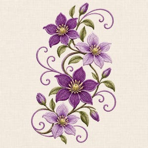 Motif de broderie machine Clématite violette, vigne fleurie botanique avec élégantes volutes florales