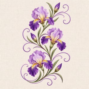 Maschinenstickerei-Design „Lila Iris“: Elegante botanische Blüten mit ornamentalen Ranken