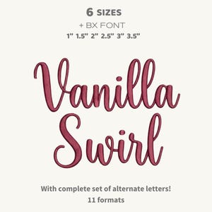 Peut inclure: Police d'écriture manuscrite bordeaux "Vanilla Swirl" sur fond crème. Disponible en six tailles : 2,5 cm, 3,8 cm, 5,1 cm, 6,4 cm, 7,6 cm et 8,9 cm, avec une police BX et 11 formats. Comprend un ensemble complet de lettres alternatives.