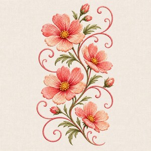 Maschinenstickmuster „Korallen-Kosmee“ – Romantische Gartenblüten, Zierranken und Ranken