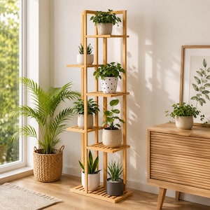 6 Tier Wooden Plant Stand for Indoor Plants, Tall Corner Plant Shelf, Solid Wood Flower Pot Rack, Vertical Plant Holder for Home Decor