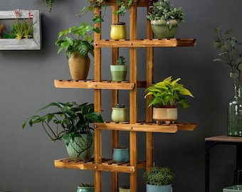 Handmade 6-Tier Wooden Plant Stand | Solid Pine Flower Rack for 12 Pots | Indoor Outdoor Bonsai Display Shelf