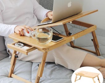 Drewniana tacka na laptopa: składane biurko komputerowe z regulowanymi nogami, składane drewniane biurko komputerowe — lekkie i stylowe