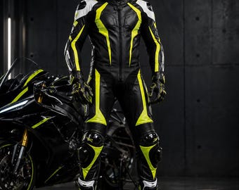 Black Neon Leather Motorcycle Racing Suit for Men | CE Style Track & Street Riding One Piece Protective Moto Gear | Custom Fit Biker Suit