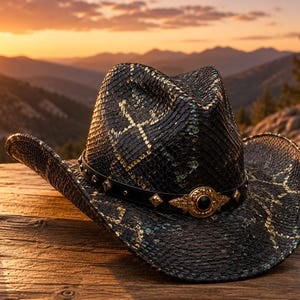 Könnte beinhalten: Ein schwarzer Cowboyhut mit strukturiertem Schlangenledermuster und goldfarbenen Akzenten. Der Hut verfügt über ein schwarzes Band, das mit goldenen Nieten und einem zentralen goldfarbenen Emblem mit einem dunklen Stein verziert ist.