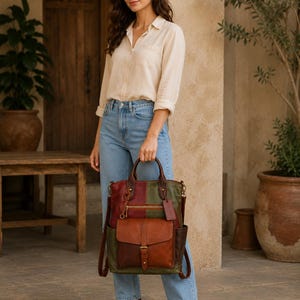 Handmade Patchwork Leather Backpack Tote | Convertible Leather  Bag | Vintage Multi Color Travel Backpack | Women's Everyday Satchel Gift