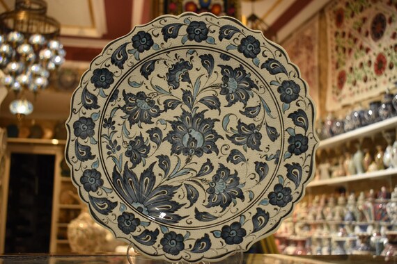 Blue White Floral Ceramic Plate Handmade Turkish Iznik Pottery Hand Painted Wall Decor