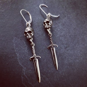 Skull and Dagger Earrings - White Bronze with Stainless Steel Lever Back Hooks