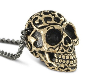 Bronze Skull Necklace - Bronze Human Skull Pendant with Tribal Design - Ornate Skull Necklace