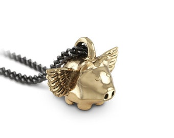 Flying Pig Necklace - Bronze Small Flying Pig Pendant - The Lucky Pig