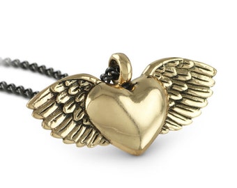 Winged Heart Necklace - Bronze Flying Heart Pendant - Valentines Day