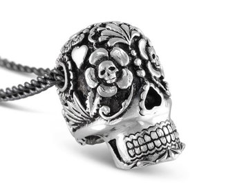 Day of the Dead Skull Necklace - Antique Silver Day of the Dead Skull Pendant - Skull Necklace