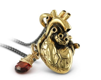 Gold Heart Necklace with Garnet - Gold Anatomical Heart Pendant with Garnet