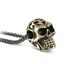Small Skull Necklace - Bronze Small Ornate Skull Pendant