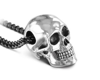 Skull Necklace for Men - Antique Silver Human Skull Pendant - Mens Skull Necklace
