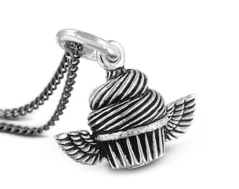 Flying Cupcake Necklace - Antique Silver Cupcake Pendant - Cupcake Jewelry