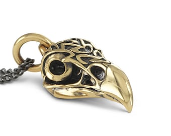 Eagle Skull Necklace - Bronze Eagle Skull Pendant with Tribal Motif