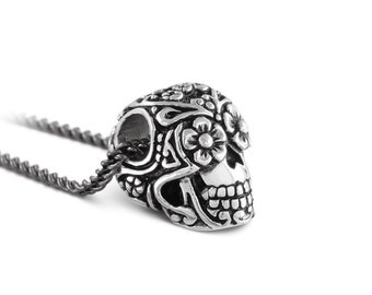 Small Sugar Skull Necklace - Antique Silver Day of the Dead Skull Pendant