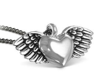 Flying Heart Necklace - Antique Silver Winged Heart Pendant - Valentine Necklace