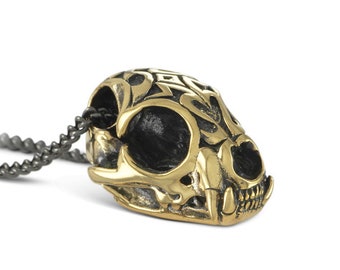 Lynx Skull Necklace - Bronze Lynx Skull Pendant with Tribal Design - Animal Skull