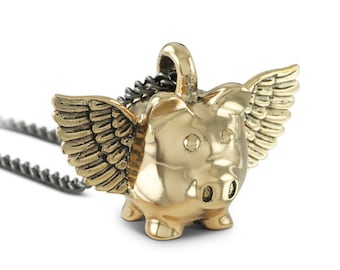 Flying Pig Necklace - Bronze Flying Pig Pendant - The Lucky Pig