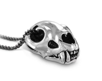 Cat Skull Necklace - Antique Silver Cougar Skull Pendant - Animal Skull Necklace