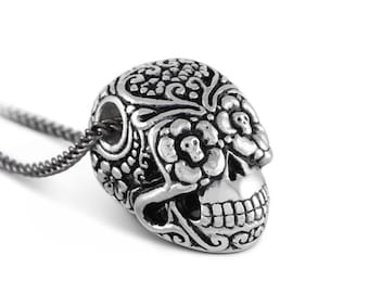 Day of the Dead Skull Necklace - Antique Silver Sugar Skull Pendant