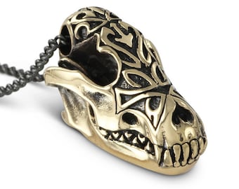 Wolf Skull Necklace - Bronze Wolf Skull Pendant - Wolf Necklace