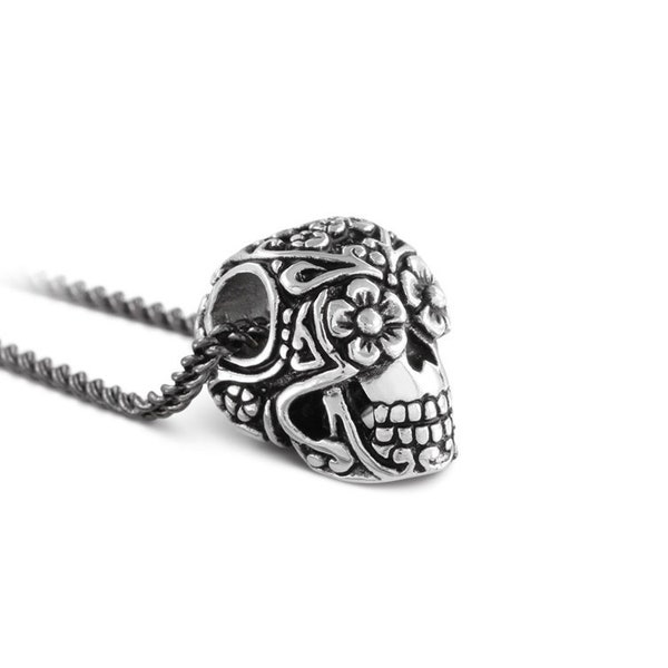 Small Sugar Skull Necklace - Antique Silver Day of the Dead Skull Pendant