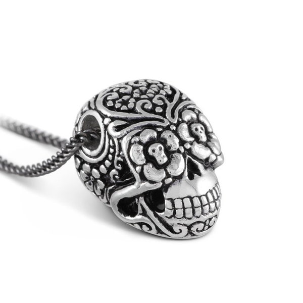Day of the Dead Skull Necklace - Antique Silver Sugar Skull Pendant