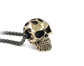 Small Skull Necklace - Small Flaming Skull Pendant - Small Bronze Skull