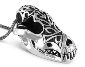 Wolf Necklace - Antique Silver Wolf Skull Pendant - Wolf Jewelry
