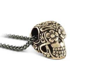 Pequeño día del cráneo muerto collar - bronce pequeño cráneo colgante