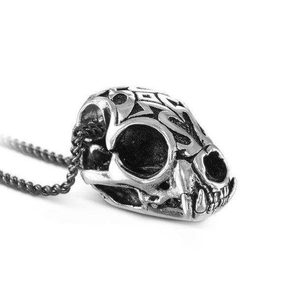 Wild Cat Skull Necklace - Antique Silver Lynx Skull Pendant with Tribal Design