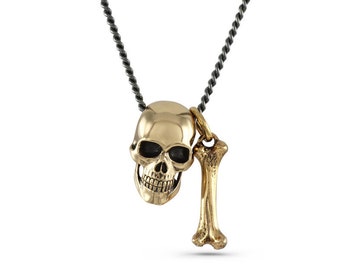 Human Skull & Bone Necklace - Bronze Skull and Bone Pendant