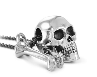 Human Skull & Bone Necklace - Antique Silver Skull and Bone Pendant