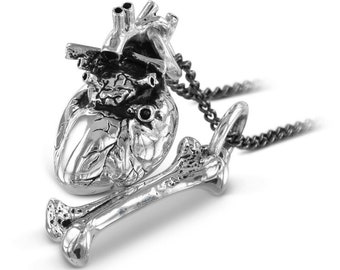Heart and Femur Bone Necklace - Antique Silver Heart and Bone Pendant