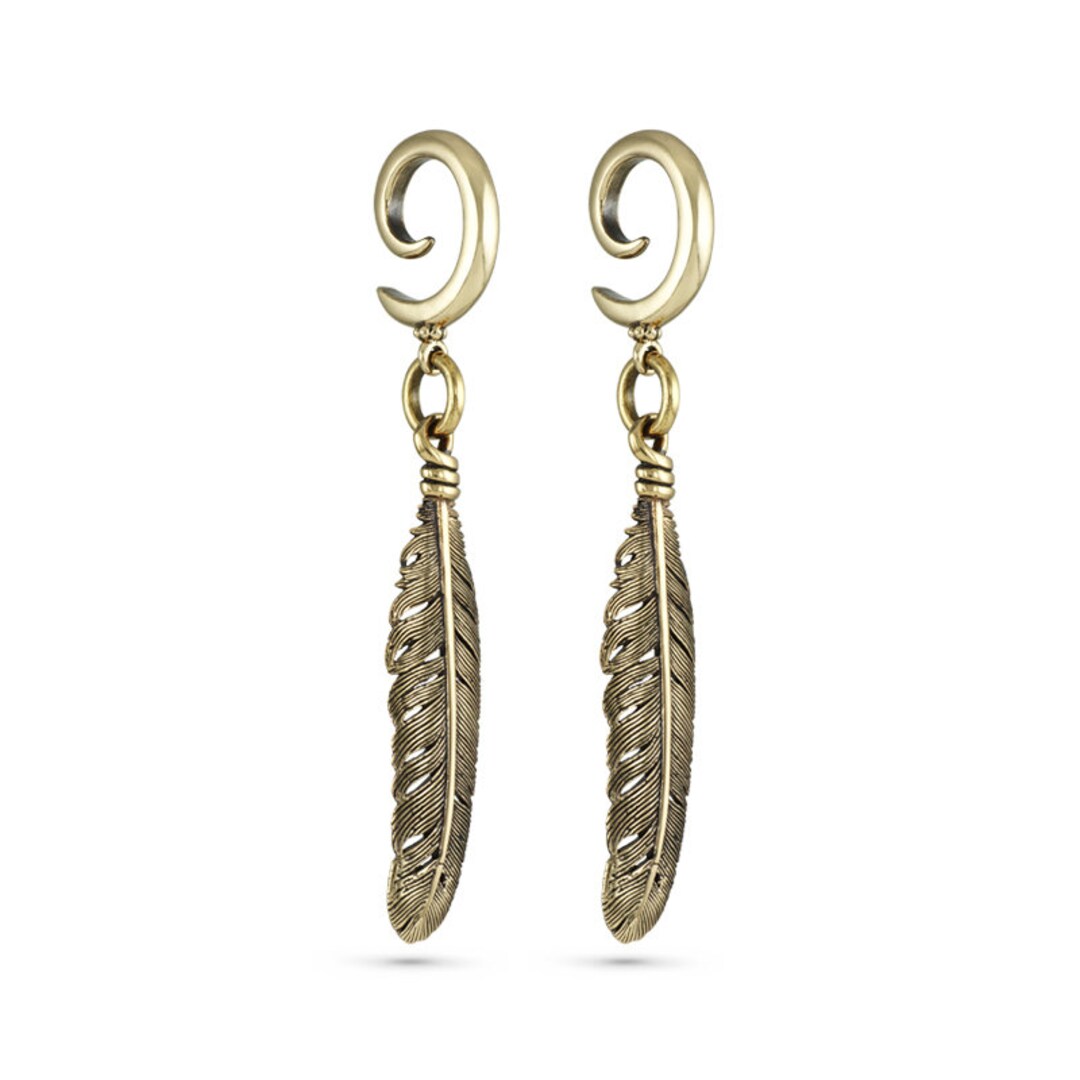 Feather Ear Weights Bronze Feather Gauged Earrings Feather Gauges Etsy