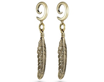 Feather Ear Weights - Bronze Feather Gauged Earrings - Feather Gauges