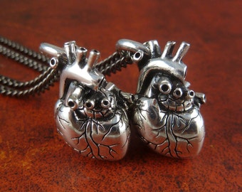 Anatomical Heart Necklaces - Two Hearts - Hearts for Lovers - Two Antique Silver Small Anatomical Heart Pendants on 24" Gunmetal Chains