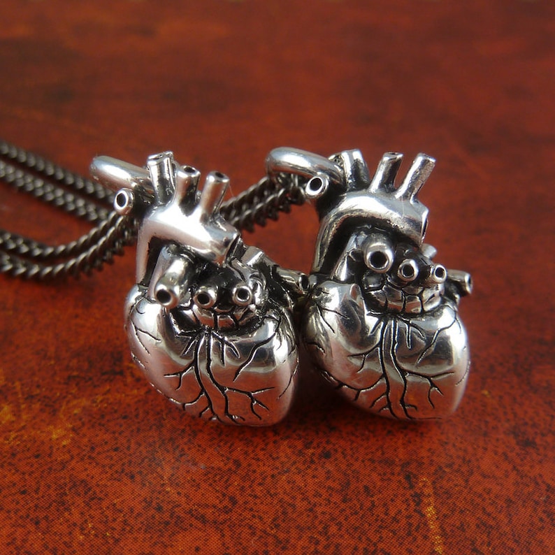 Anatomical Heart Necklaces Two Hearts Hearts for Lovers Two Antique Silver Small Anatomical Heart Pendants on 24 Gunmetal Chains image 1