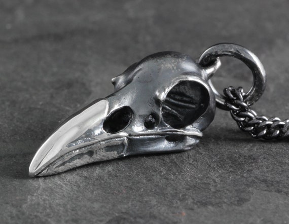 Raven Skull Necklace Sterling Silver Raven Skull Pendant Crow