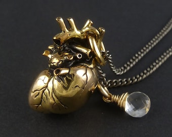 Gold Anatomical Heart Necklace with Quartz - Gold Heart with Quartz Pendant