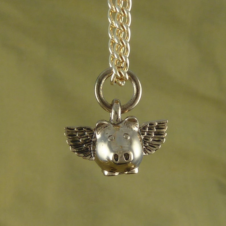 Flying Pig Necklace Bronze Small Flying Pig Pendant The Etsy
